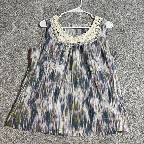 Retro 70s Hippie Tank Top Large Boho Crochet Lace Flowy Festival Ikat Watercolor - Picture 1 of 6